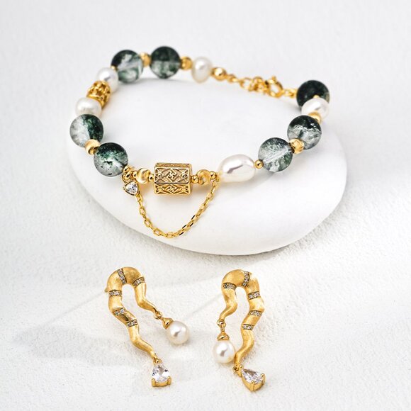 Healing Green Phantom Quartz & Pearl Bracelet | S925 Silver Gold-Tone Crystal - Picture 4 of 4